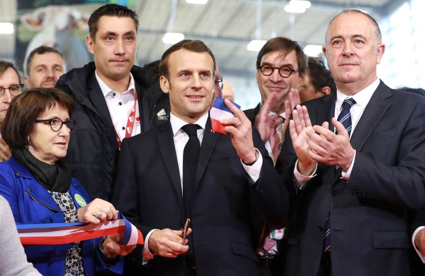 Le président Macron et le ministre de l'Agriculture, Didier Guillaume à l'ouverture du salon de l'agriculture en présence de Christiane Lambert, la présidente de la FNSEA, 22 fevrier 2020