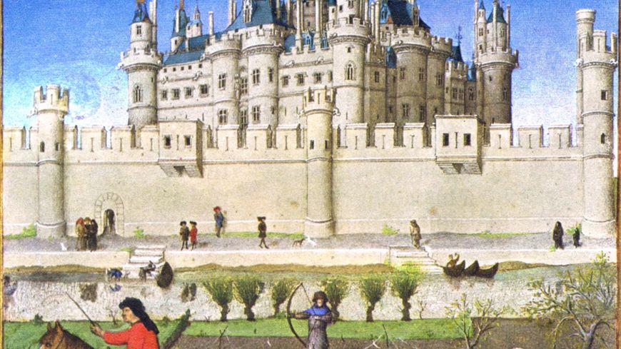 Représentation du Palais du Louvre, tel qu'il fut reconstruit par Charles V, avec notamment le donjon central qui accueillait alors le trésor royal. Extrait des Très Riches Heures du duc de Berry, livre signé frères de Limbourg vers 1410-1411.