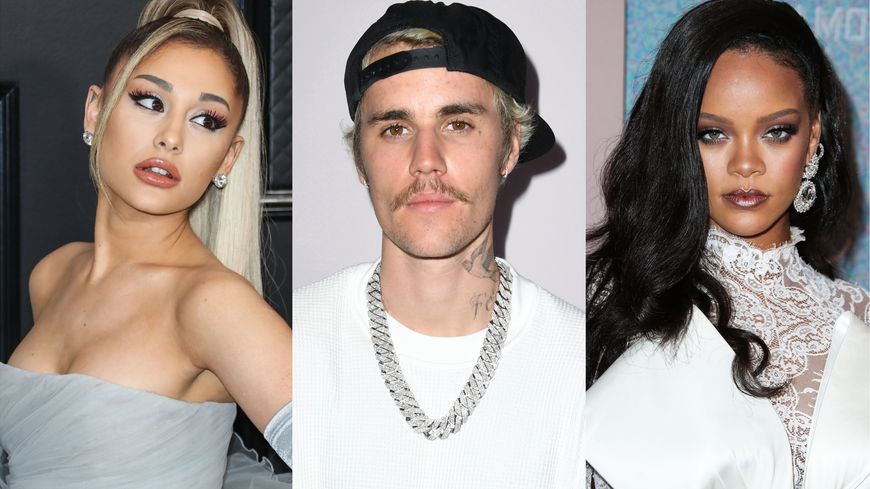 Ariana Grande aux Grammy Awards - Janvier 2020 /Justin Bieber à une Premiere YouTube - Janvier 2020 / Rihanna au Diamond Ball - Septembre 2018 (Photos : Xavier Collin / Jon Kopaloff / Xavier Collin)