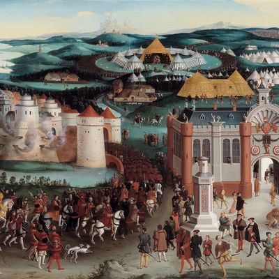 Entretien entre François Ier et Henri VIII au Camp du Drap d'Or le 7 juin 1520, peinture de Friedrich August Bouterwerk. 1845. 3,4 x 1,7. Châteaux de Versailles et Trianon, France