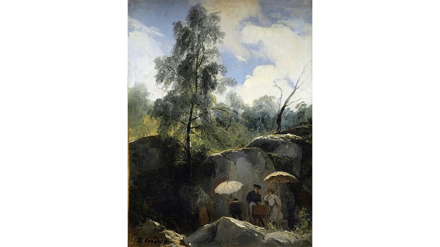 Jules-Louis-Philippe Coignet (1798-1860). Les Peintres en forêt de Fontainebleau N. d. Huile sur toile, 23,5 x 17,5 cm. Barbizon, musée départemental des peintres de Barbizon, 91-3.1