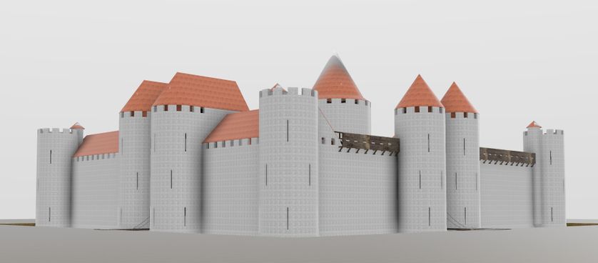 Reconstitution de la façade du Louvre au début du XIIIe siècle selon les plans d’Alain Salamagne dans "Le palais et son décor au temps de Jean de Berry"