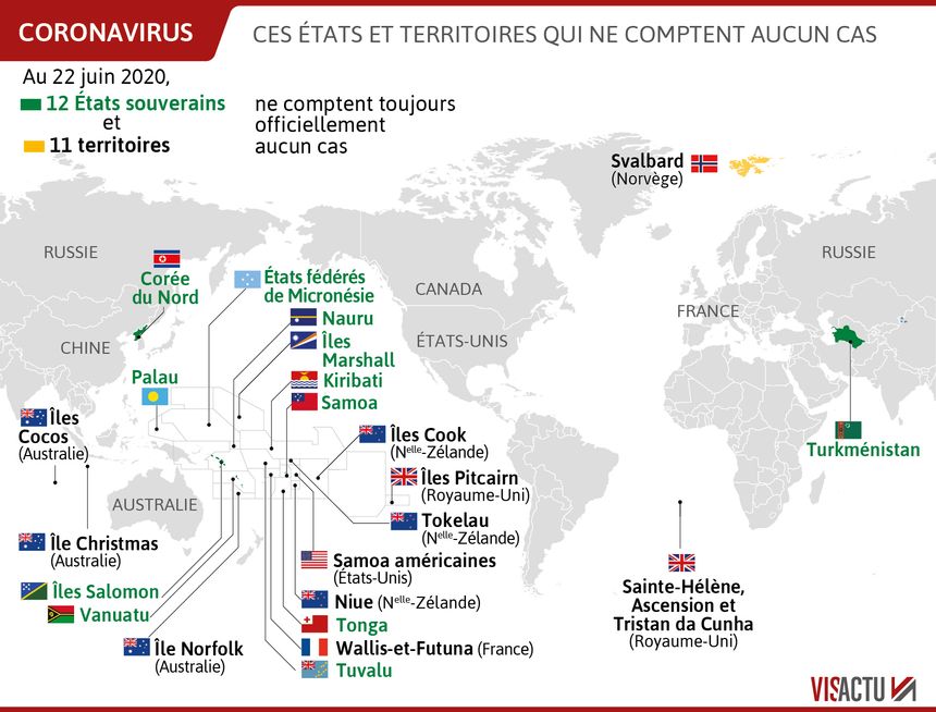 Etats et territoires qui disaient ne compter aucun cas de Covid-19 le 22 juin 2020