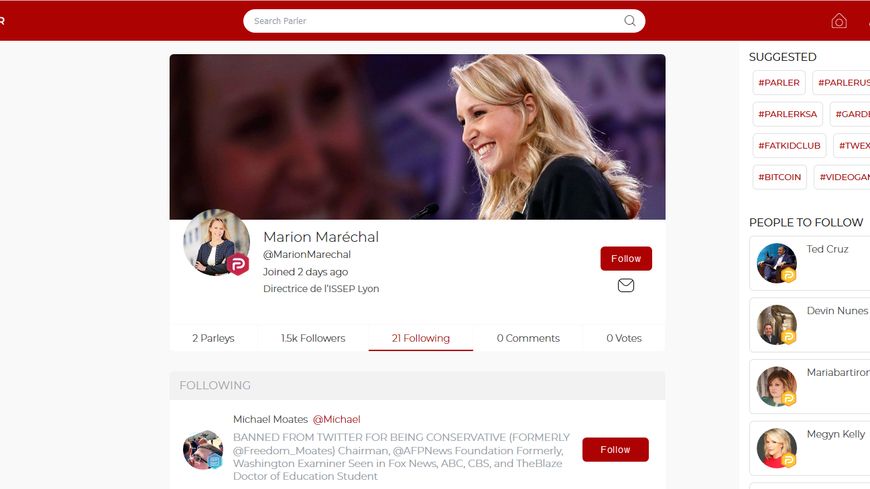Marion Maréchal vient de rejoindre le réseau Parler, dénonçant "la censure de Twitter" - capture écran du profil de Marion Maréchal sur Parler