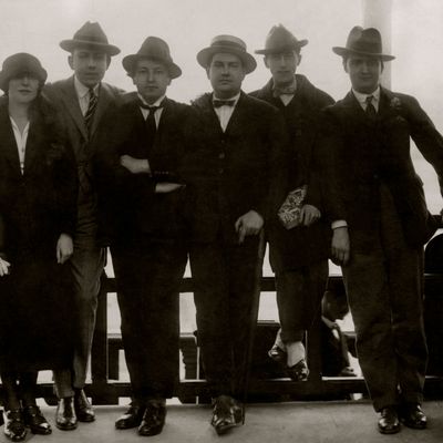 Germaine Tailleferre, Francis Poulenc, Authur Honneger, Darius Milhaud, (playwright) Jean Cocteau, and Georges Auric