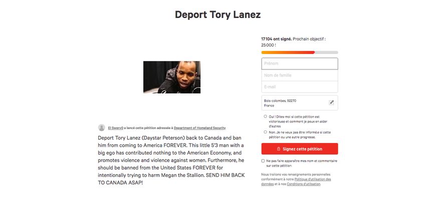 Pétition contre Tory Lanez - change.org