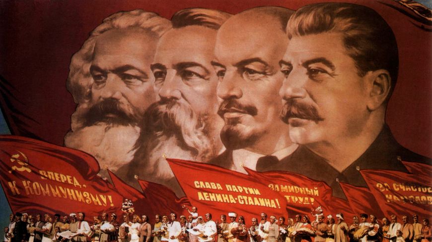 Affiche de propagande soviétique, Marx, Engels, Lénine, Staline, 1953