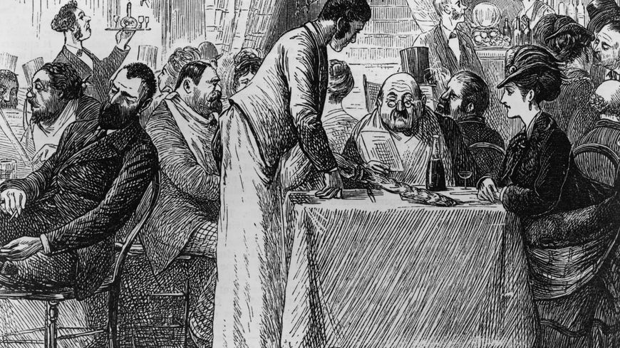 Dîner dans un café-restaurant en 1874 (gravure).