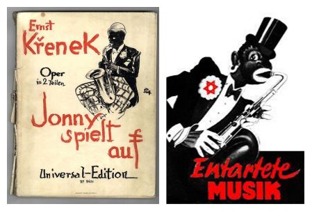Jonny spielt auf - Livret de l'Opéra d'Ernst Křenek servant d'affiche pour l'exposition "Musique dégénérée", des Nazis en 1938 // Caricature de l'exposition Entartete Musik de 1938