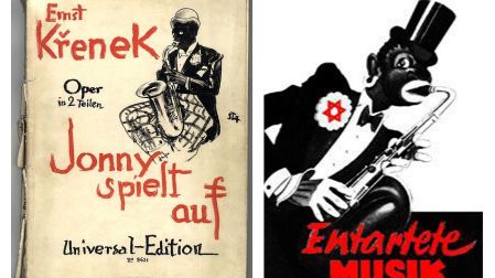 Jonny spielt auf - Livret de l'Opéra d'Ernst Křenek servant d'affiche pour l'exposition "Musique dégénérée", des Nazis en 1938 // Caricature de l'exposition Entartete Musik de 1938