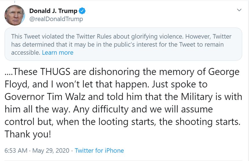 Capture écran d'un tweet de Donald Trump masqué par Twitter pour violation des règles du réseau sur l'apologie de la violence