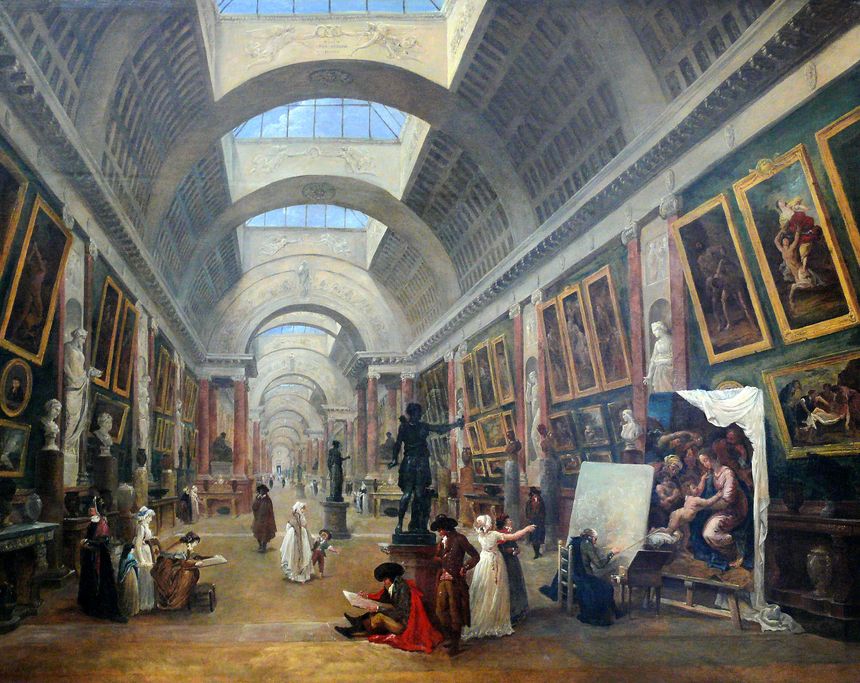 Huile sur toile d'un projet d'aménagement de la Grande Galerie du Louvre par Hubert Robert (1796). nommé garde des tableaux du roi en 1784 et membre du conservatoire, il a fait plusieurs dessins et peintures du musée en cours d'aménagement.