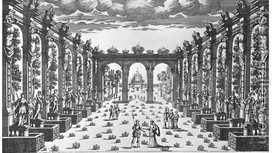 1641, scénographie de Giacomo Torelli (1608-78) Théâtre du Petit- Bourbon, Paris. - C.-M.-Edmond Béquet "Encyclopédie de l'art dramatique" (1886)