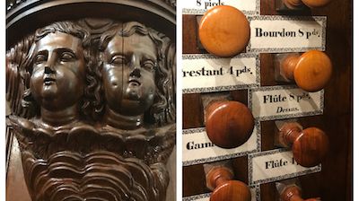 Sur le culots des tourelles, des visages d'angelots - ornementations caractéristiques des buffets Callinet - veillent, auréolés de nuages sculptés. À droite, la console et ses tirants de jeu