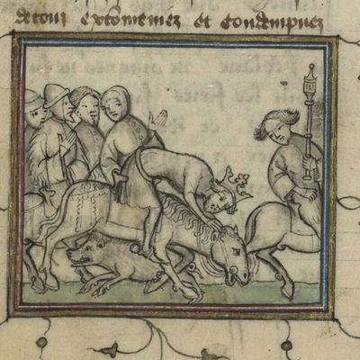 Enluminure représentant la mort accidentelle de Philippe de France en 1131, causée par un cochon errant dans les rues de Paris.