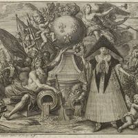 Frontispice de "l'Histoire de la province d'Alsace, depuis Jules César jusqu'au mariage de Louis XV", par Louis Laguille (1727), Bibliothèque nationale de France, département Arsenal, FOL-H-2192, document présenté par F. Héran dans son cours.
