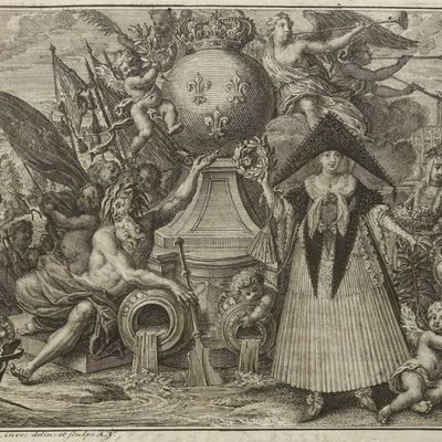 Frontispice de "l'Histoire de la province d'Alsace, depuis Jules César jusqu'au mariage de Louis XV", par Louis Laguille (1727), Bibliothèque nationale de France, département Arsenal, FOL-H-2192, document présenté par F. Héran dans son cours.