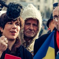 Bucarest, place de l'université le 21 décembre 2019 à l'occasion de la commémoration des trente ans de la fin du régime de Ceausescu.