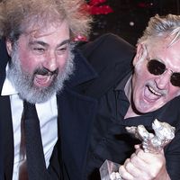 Gustave Kervern et Benoît Delepine à la réception de leur Ours d'argent à Berlin en février 2020