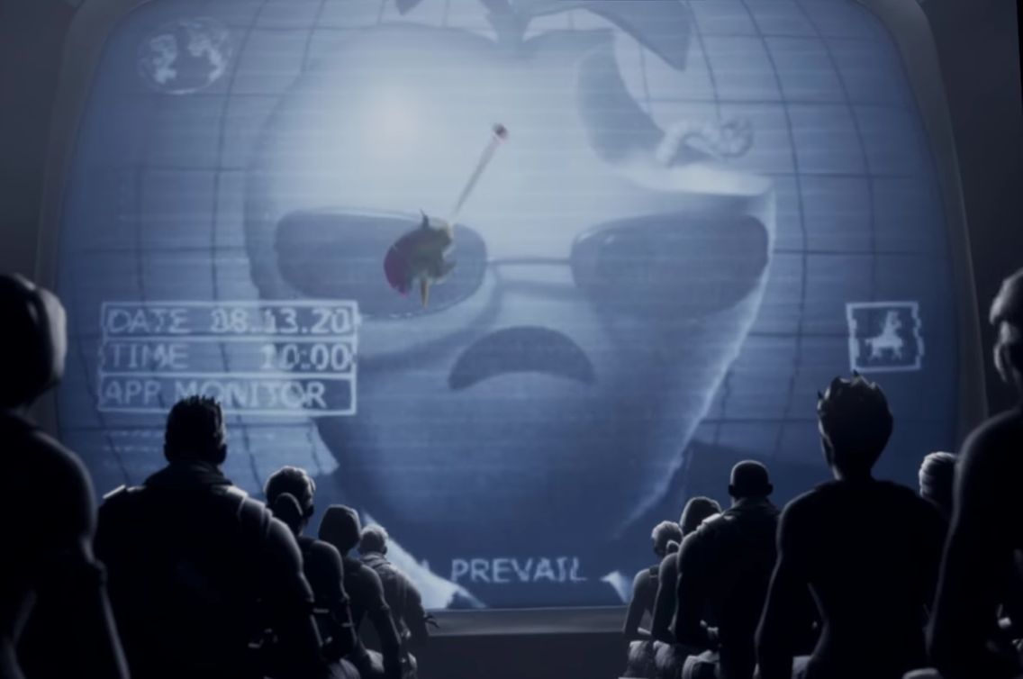 Dans une vidéo parodique (et très réussie), Fortnite se présente comme le bras de la révolution contre Big (Apple) Brother