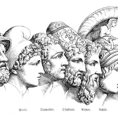 Gravure de portraits de héros grecs de la guerre de Troie (1880). De gauche à droite : Ménélas, Pâris, Diomède, Hector, Achille et Agamemnon.