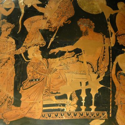 Chryséis, fille de Chrysès, prêtre d'Apollon, est prise comme captive par les Grecs partis pour Troie, lors du pillage de la ville de Thèbe. Ici, Chrysès offre à Agamemnon une rançon pour sa fille Chryséis.
