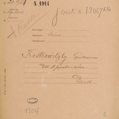 Dossier de naturalisation de Guillaume Kostrowitzky, dit Apollinaire (Rome 1880-Paris 1918). Archives Nationales BB-11-6064