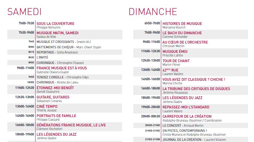 Grille de programme France Musique week-end 2020/2021
