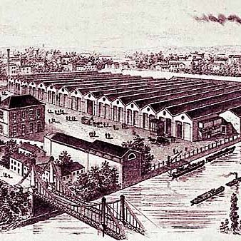Vue générale de l'usine de teinturerie et de préparation de la laine Gustave Hue à Elbeuf, en-tête de papier à lettre, vers 1900.