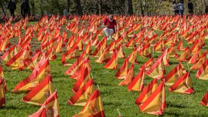Quelque 53.000 drapeaux ont été plantés dans un parc de Madrid en mémoire des personnes tuées par la Covid en Espagne Quelque 53.000 drapeaux ont été plantés dans un parc de Madrid en mémoire des personnes tuées par la Covid en Espagne