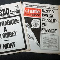 Le numéro d'Hara-Kiri du 16 novembre 1970 interdit et Le 1er de Charlie Hebdo du 22 novembre