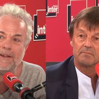 Frédéric Lenoir et Nicolas Hulot dans les studios de France Inter