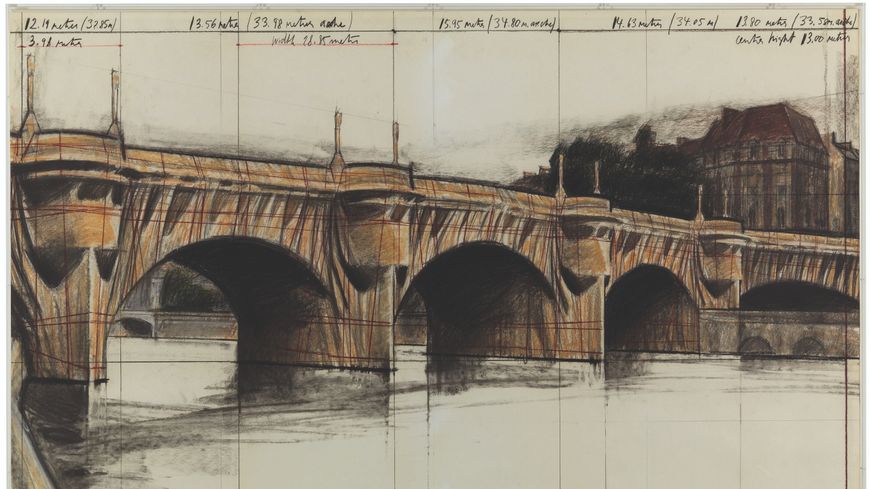 Le Pont-Neuf empaqueté (Projet pour Paris), 1981-Mine graphite, pastel, fusain, crayon gras, crayon de couleur, photocopies et colle sur papier contrecollé sur carton / Diptyque : 38 × 165 cm et 106,6 × 165 cm-Collection de l’artiste. (détail)