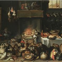 Ferdinand van Kessel - Singes festoyant dans une cuisine - XVIIe siècle
