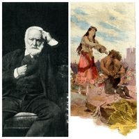 Portrait de Victor Hugo, vers 1877,d'après un tableau de Léon Bonnat. /Notre Dame de Paris de Victor Hugo, 1831. Esmerelda apaise la soif de Quasimodo.