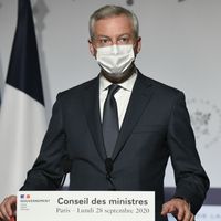 Le ministre de l'Economie Bruno Le Maire en conférence de presse à l'issue du Conseil des ministres consacré au projet de budget 2021