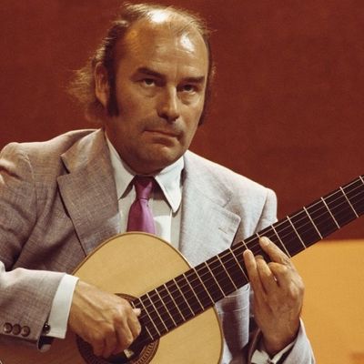 Julian Bream, British classical guitarist, playing the guitar, circa 1970