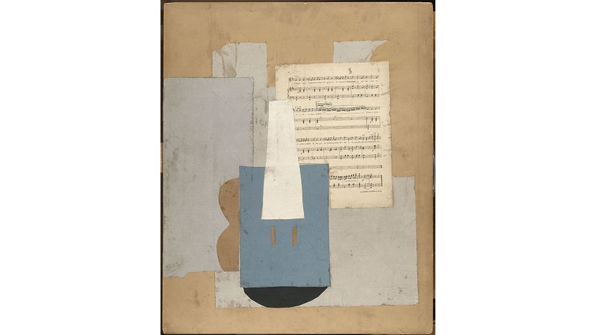 Picasso. Violon et feuille de musique Paris, 1912. Papiers vergés de couleur, papier vélin blanc imprimé d’une partition de musique et papier d’emballage vélin brun découpés et collés sur carton. Musée national Picasso-Paris