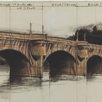 Le Pont-Neuf empaqueté (Projet pour Paris), 1981-Mine graphite, pastel, fusain, crayon gras, crayon de couleur, photocopies et colle sur papier contrecollé sur carton / Diptyque : 38 × 165 cm et 106,6 × 165 cm-Collection de l’artiste. (détail)