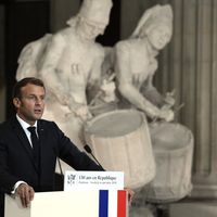 Emmanuel Macron durant son discours célébrant les 150 ans de la République au Panthéon, le 4 septembre 2020.