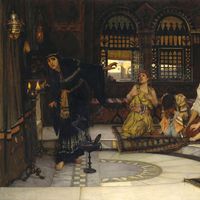Consulting the Oracle, 1894, représente sept jeunes filles qui attendent avec impatience qu'on leur dévoile les révélations de l'oracle
