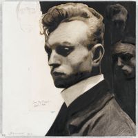Léon Spilliaert (1881-1946) Portrait de l'artiste par lui-même1903. Crayon graphite, encre noire et encre brune à la plume et au pinceau H. 27,4 ; L. 27,2 cm Paris, musée d'Orsay, conservé au département des Arts Graphiques du musée du Louvre