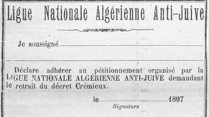 Coupon d'adhésion à la pétition contre le décret Crémieux, imprimé dans l'édition du 5 août 1897 du journal "L'Antijuif algérien".