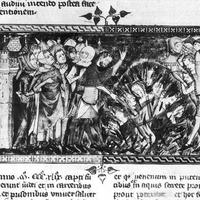 Représentation de violences contre les Juifs en Europe lors de l'épidémie de peste au XIVème siècle.
