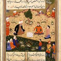 Représentation de Shams, en train de jouer aux échecs avec un jeune chrétien, provoquant ainsi la colère de ses disciples. Manuscrit de 1581.