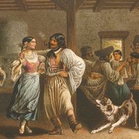 Danse populaire tzigane. Hongrie, 18ème siècle. Gravure (ca. 1850)