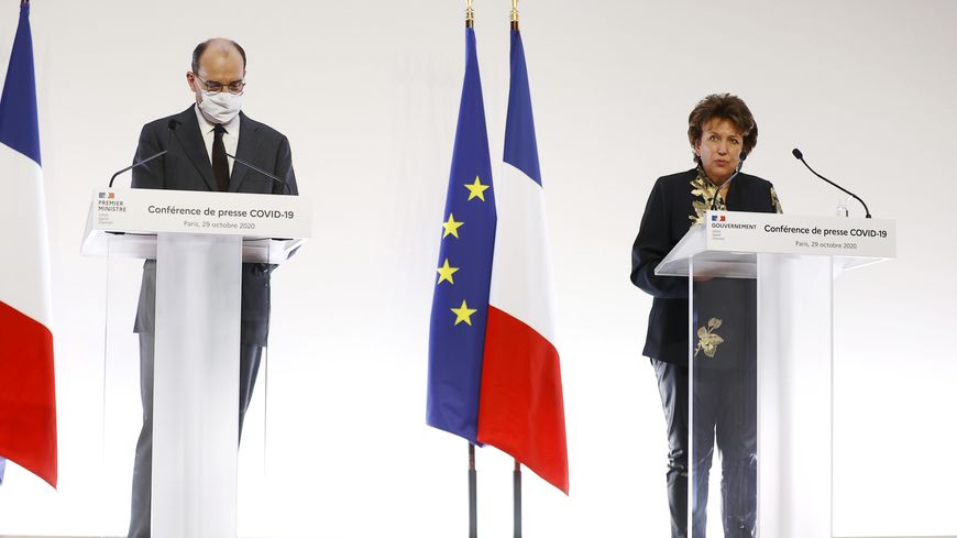 Roselyne Bachelot et Jean Castex, à la conférence de presse du 29 octobre 2020