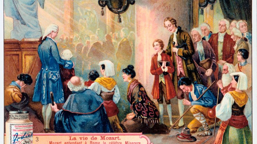 Publicité Liebig (1906) représentant le jeune Mozart à l'écoute du Miserere d'Allegri au Vatican en 1771
