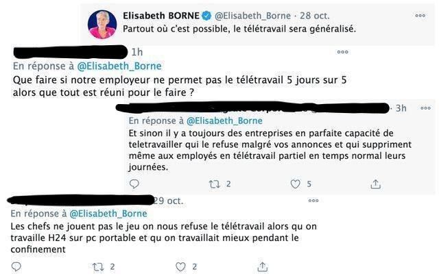 Des messages d'internautes, postés depuis hier soir sous un tweet de la ministre du Travail, déplorant que leur entreprise ne respecte pas le télétravail. / Captures d'écran