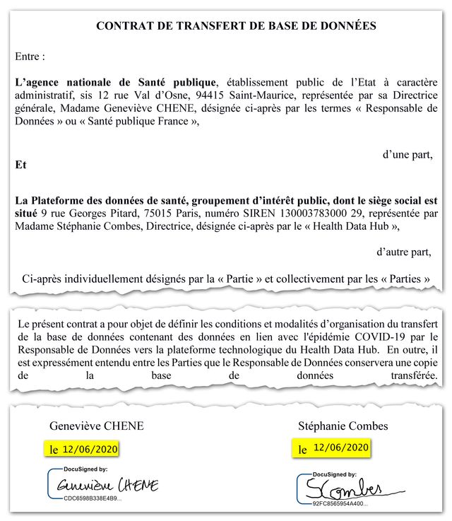 Extrait du contrat de transfert de base de données entre Santé publique France et la Plateforme des données de santé, daté du 12 juin 2020.